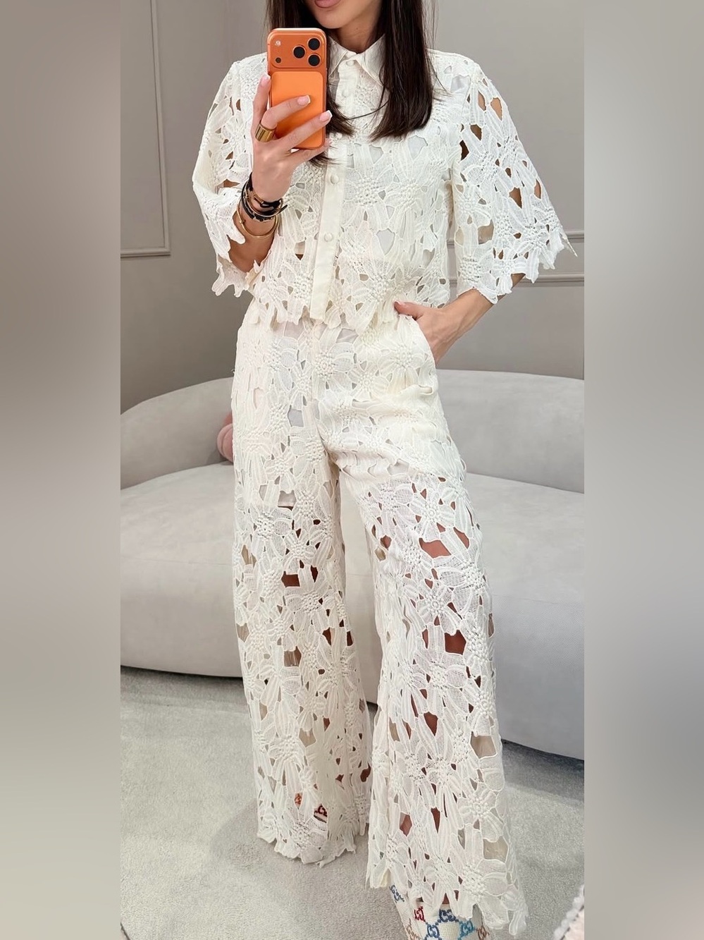 Designer Inspired White Floral Cutout 2pc Set with Wide Leg Pants and Top NEW - Picture 11 of 11